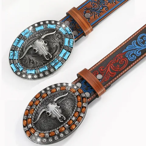 Vintage Western Cowboy Belt For Men PU Leather Embossed Floral Waistband With Bull Skull Buckle Turquoise Rhinestone Belt