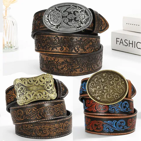Vintage Western Ethnic Embossed PU Leather Belt For Women Large Carved Alloy Buckle Bohemian Cowboy Style Fashion Waistband