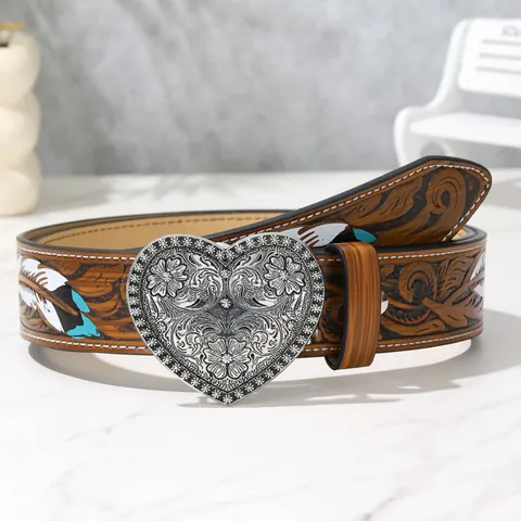 Women Vintage Western PU Leather Belt Feather Print Embossed Alloy Buckle Casual Fashion Waistband For Jeans Dresses