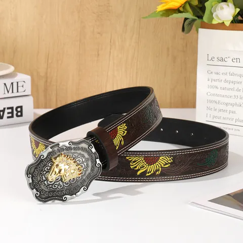 Vintage Western PU Leather Belt For Women Embossed Sunflower Pattern Alloy Buckle Horse Head Ruby Retro Cowboy Style Accessories