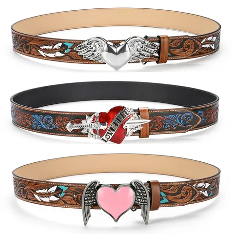 Vintage Western PU Leather Belt For Women Embossed Heart Wing Alloy Buckle Punk Rock Gothic Decorative Fashion Waist Belt