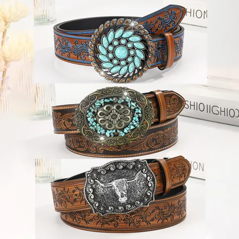 Western Cowboy PU Leather Belt With Large Turquoise Bull Head Buckle Vintage Floral Embossed Waist Strap For Jeans
