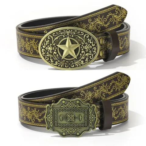 Vintage Western Cowboy PU Leder Gürtel Geprägt Gold Blumenmuster Stern Schnalle Y2K Punk Taille Riemen Für Damen Herren