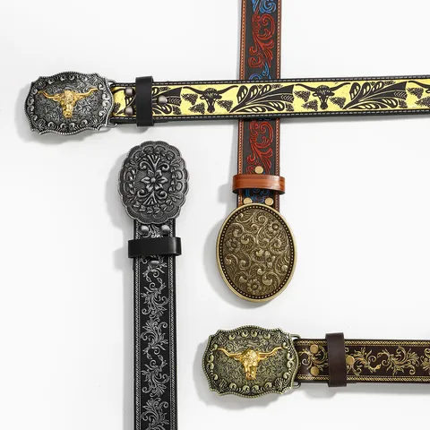 Vintage Western Cowboy PU Leather Belt With Alloy Carved Floral Bull Head Buckle Punk Y2K Embossed Waist Belt For Men Women