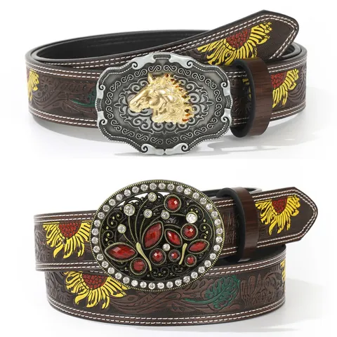 Vintage Western PU Leather Belt For Women Embossed Sunflower Pattern Alloy Buckle Horse Head Ruby Retro Cowboy Style Accessories