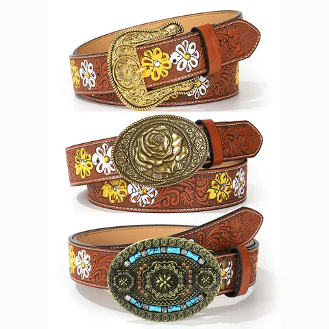 Vintage Western PU Leather Belt For Women Embossed Floral Pattern Bohemian Ethnic Style Alloy Sunflower Rose Buckle Casual Jeans Pant Waist Strap