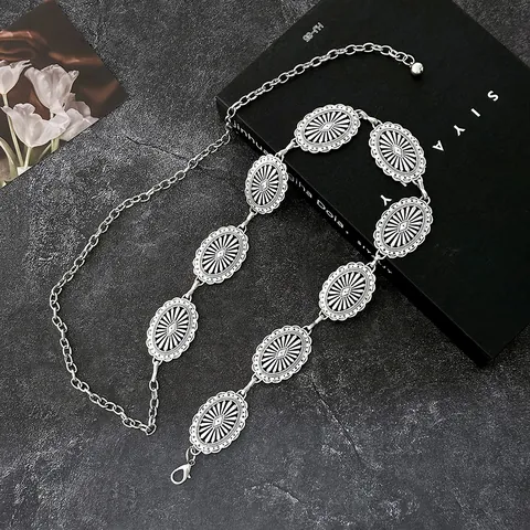 Western Retro Embossed Metal Waist Chain For Women Bohemian Radiating Sun Pattern Adjustable Link Belt Jewelry Gold Silver