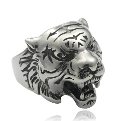 Vintage Punk Tiger Head Ring For Men 316 Titanium Steel Stainless Steel Animal Statement Finger Ring Hypoallergenic Polished Jewelry Gift