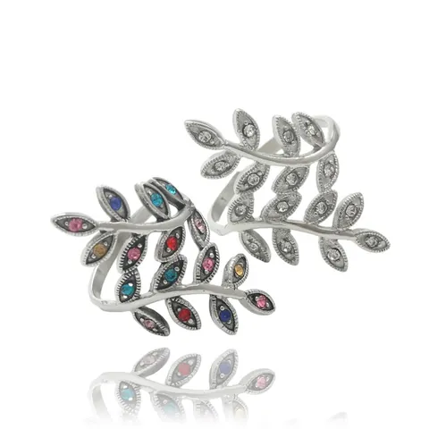 Bague Branche de Feuille en Acier Inoxydable Rétro Punk pour Hommes Femmes Zircone Colorée Blanche Strass Bijoux Polis