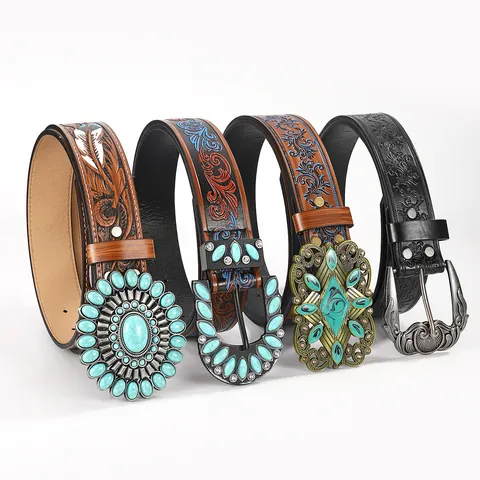 Cinturón Vaquero Occidental Bohemio Vintage para Mujer Con Cinturón Ancho de Cuero de PU Con Relieve de Diamantes Turquesas
