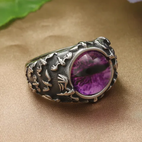 Vintage Stainless Steel Dragon Eye Ring For Men Punk Gothic Devil Eye Retro Polished Metal Embossed Pattern Finger Ring Jewelry
