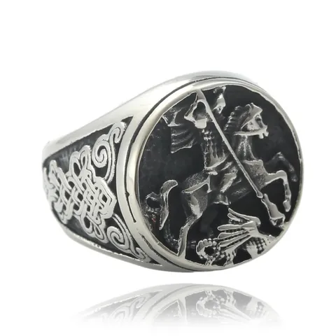 Bague Homme Vintage Punk Chevalier à Cheval Nœud Celtique Relief Effet Vieilli en Acier Inoxydable 316 Bijoux
