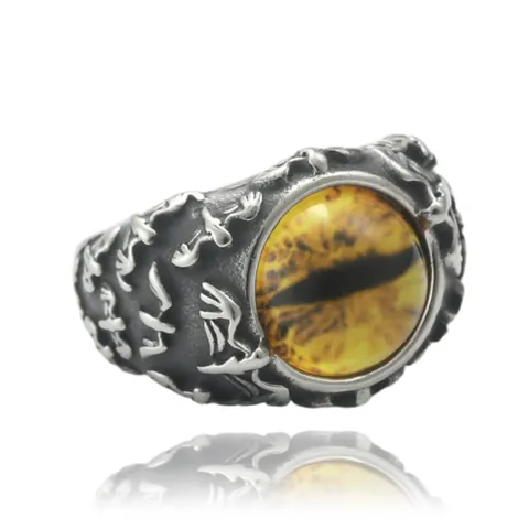 Vintage Stainless Steel Dragon Eye Ring For Men Punk Gothic Devil Eye Retro Polished Metal Embossed Pattern Finger Ring Jewelry
