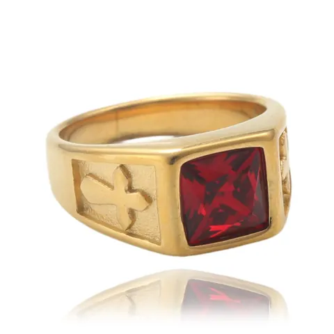 Vintage Punk Stainless Steel Cross Ring For Men Square Zirconia Inlaid Religious Band Ring Gold Silver Plated Jewelry Gift