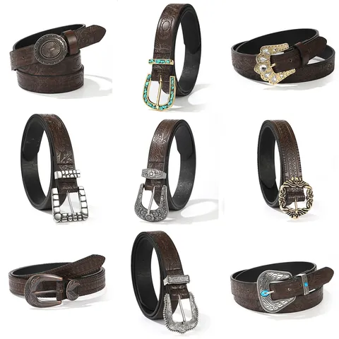 Ceinture Femme Vintage Bohème en Cuir PU Gaufré Avec Boucle Alliage Incrustée Turquoise Style Ethnique Western Cowboy Décorative
