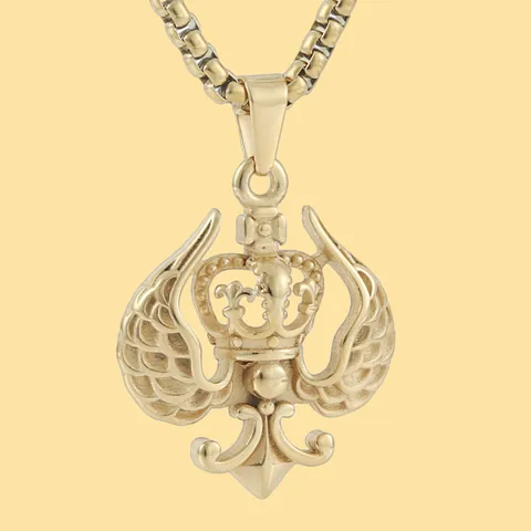 Collana Con Pendente a Corona e Ali in Acciaio Inossidabile Vintage per Uomo Donna Gioielli Gotici Retrò Croce Giglio Catena Veneziana Oro Argento