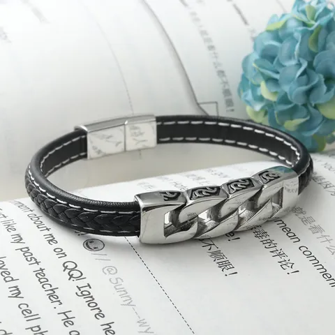 Men Fashion Braided Black Leather Bracelet With Titanium Steel Chain Links Vintage Engraved Magnetic Clasp Rock Punk Hand Jewelry