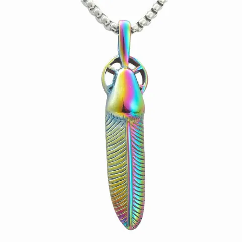 Collier Pendentif Plume en Acier Inoxydable Vintage pour Hommes Couleur Argent Arc-en-ciel Bijoux Punk Style Indien Cadeau