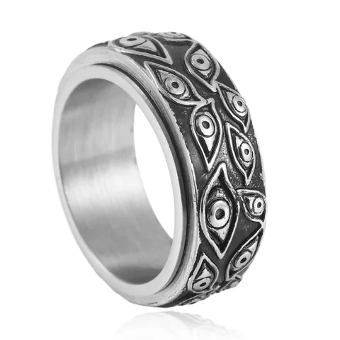 Vintage Punk Titanium Stainless Steel Evil Eye Spinner Ring For Men Retro Rotating Relief Pattern Anxiety Relief Band Ring Jewelry