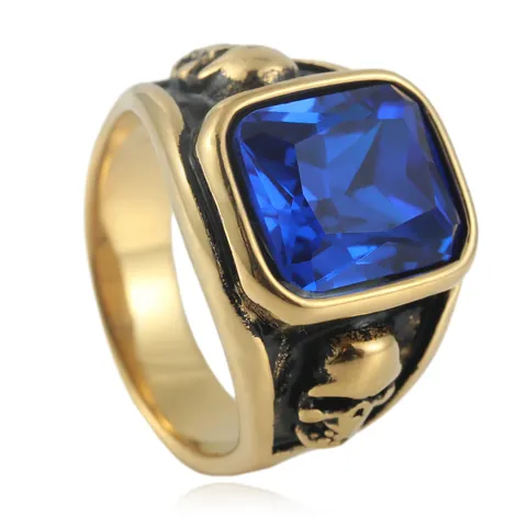 Punk Stainless Steel Skull Ring Vintage Square Cubic Zirconia Inlaid Men Gothic Rock Finger Jewelry Gold Silver Color