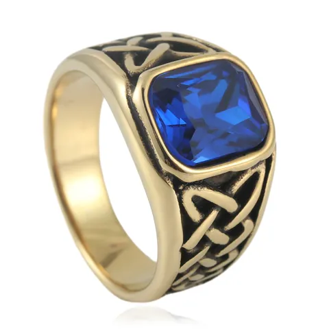 Men's Vintage Stainless Steel Celtic Knot Ring Square Inlaid Zirconia Punk Style Gold Silver Color Fashion Band Jewelry