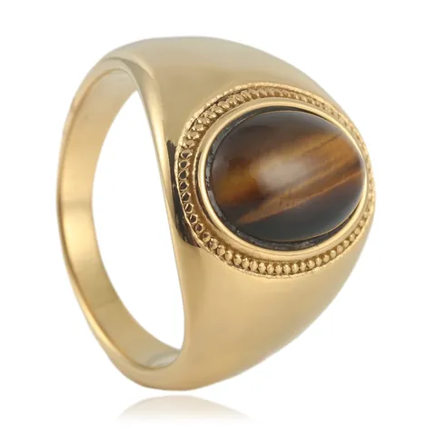 Vintage Stainless Steel Signet Ring For Men Gold Silver Plated Oval Black Stone Tiger Eye Punk Hip Hop Jewelry