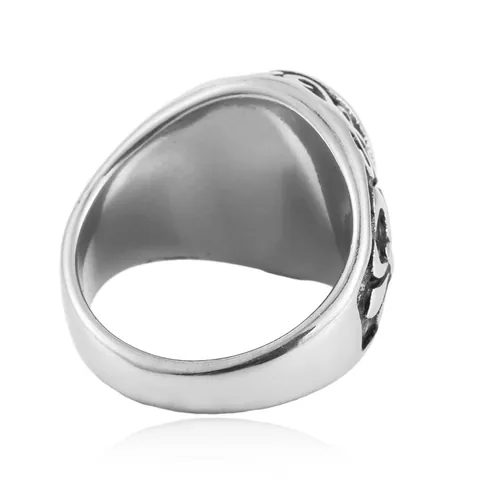 Vintage Titanium Steel Signet Ring For Men Women Punk Fleur De Lis Hollow Engraved Band Ring With Oval Glass Stone