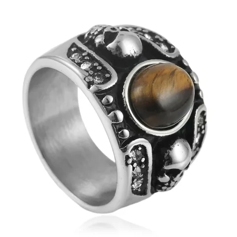 Anillo de Calavera de Acero de Titanio Vintage Punk Con Piedra Ojo de Tigre Zirconia Incrustada Acero Inoxidable Hombre
