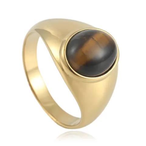 Vintage Punk Stainless Steel Signet Ring For Men Gold Silver Oval Tiger Eye Black Onyx Stone Polished Hip Hop Jewelry