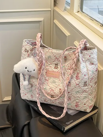 Damen Cartoon Bär Druck Gesteppte Tote Bag Große Kapazität Seersucker Umhängetasche Mit Geflochtenem Griff Süße Studenten Handtasche