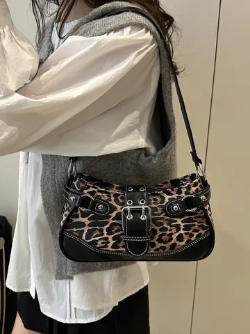 Vintage Leopardenmuster PU-Leder Unterarmtasche Für Damen Y2K Punk Stil Umhängetasche Mit Nieten Und Metallschnalle Halbmondtasche