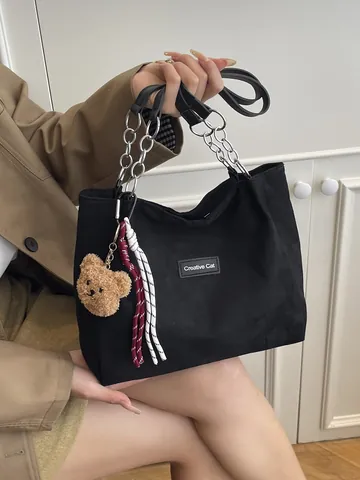 Vintage Cord Große Kapazität Tote Bag Für Damen Mode Einfarbig Umhängetasche Mit Metallkette Und Plüsch Bär Anhänger