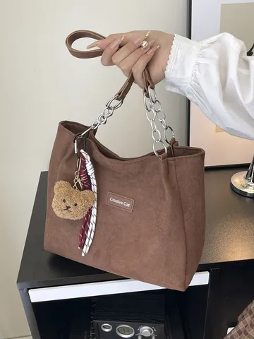 Vintage Cord Große Kapazität Tote Bag Für Damen Mode Einfarbig Umhängetasche Mit Metallkette Und Plüsch Bär Anhänger