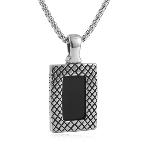 Vintage Stainless Steel Black Gemstone Pendant Necklace For Men Punk Gothic Engraved Frame Box Chain Jewelry Gift
