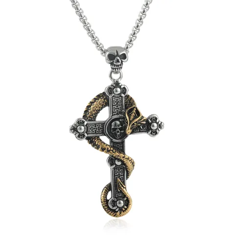 Vintage Gothic Punk Skull Cross Pendant Necklace Stainless Steel Snake Dragon Wrap Cross Men Jewelry Pendant And Chain
