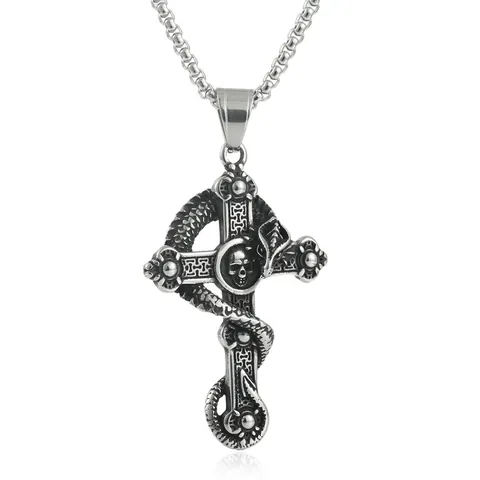 Vintage Gothic Punk Skull Cross Pendant Necklace Stainless Steel Snake Dragon Wrap Cross Men Jewelry Pendant And Chain