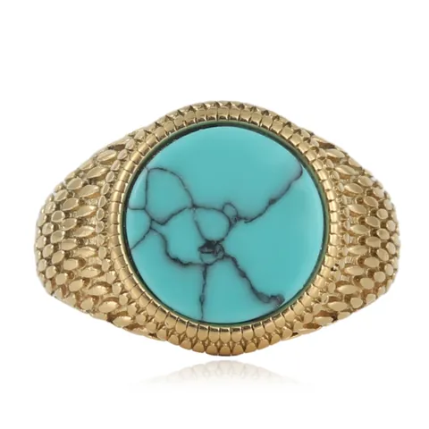 Vintage 316 Stainless Steel Men Punk Ring With Round Turquoise Black Agate Stone Retro Scale Textured Geometric Finger Ring