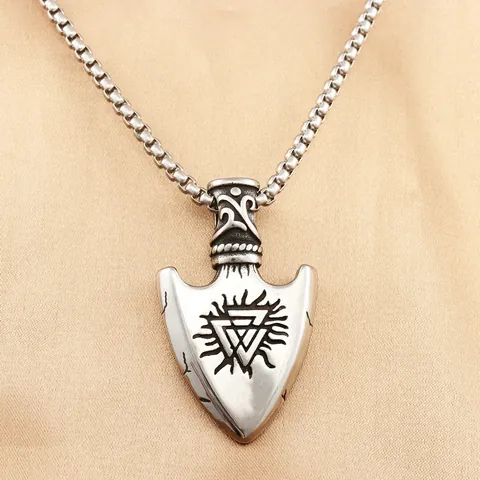 Collar con Colgante de Punta de Flecha de Brújula Vikinga Vintage para Hombre Acero Inoxidable Punk Gótico Joyería Color Plata