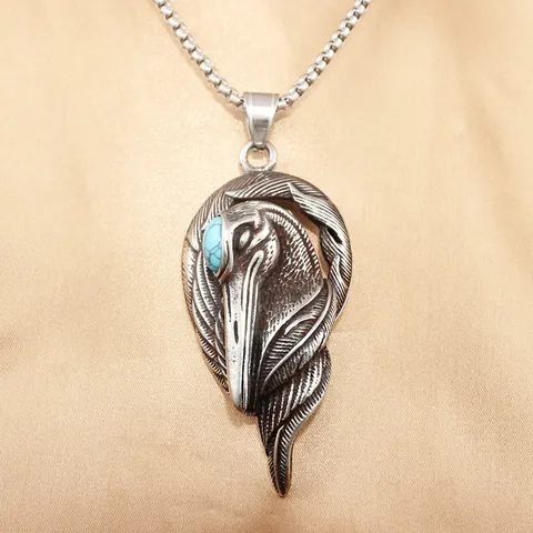 Vintage Stainless Steel Raven Bird Skull Pendant Necklace With Turquoise Inlay Punk Gothic Feather Jewelry For Men Women