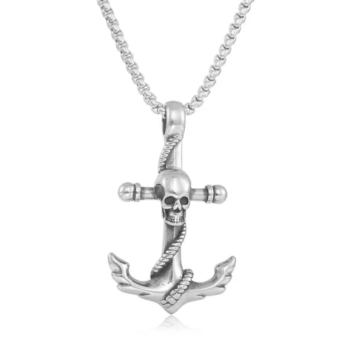 Vintage Punk Stainless Steel Skull Anchor Pendant Necklace Gothic Nautical Jewelry For Men Women With Box Chain Gift