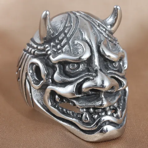 Retro Men Hannya Mask Ring Gothic Punk Stainless Steel Oni Demon Horn Monster Biker Finger Ring Jewelry Aged Silver Color