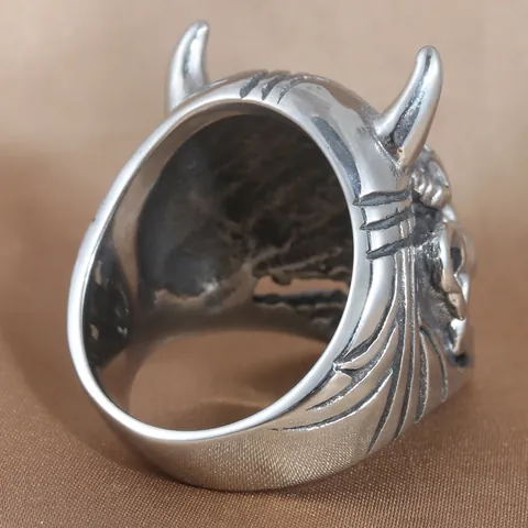 Retro Men Hannya Mask Ring Gothic Punk Stainless Steel Oni Demon Horn Monster Biker Finger Ring Jewelry Aged Silver Color
