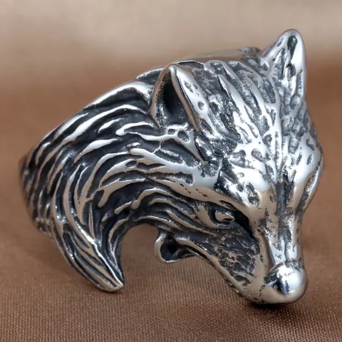 Anillo de Cabeza de Lobo de Acero Inoxidable Vintage para Hombre Retro Punk Gothic Biker Animal Band Ring Color Plata Joyería