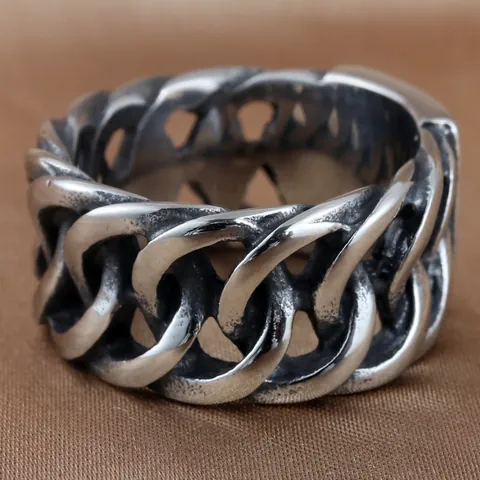 Men Retro Punk Titanium Stainless Steel Biker Chain Ring Hollow Geometric Industrial Vintage Silver Ring For Men Jewelry Gift