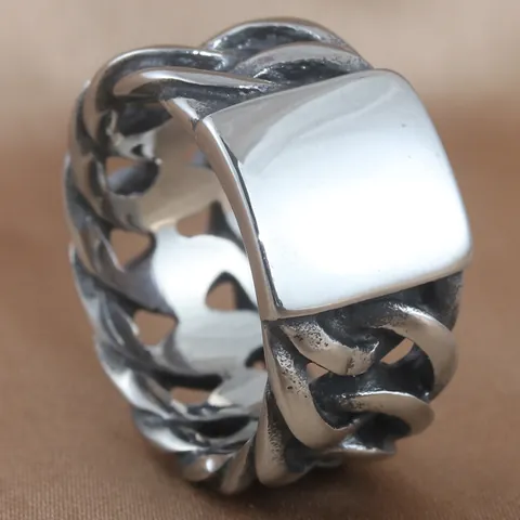 Men Retro Punk Titanium Stainless Steel Biker Chain Ring Hollow Geometric Industrial Vintage Silver Ring For Men Jewelry Gift