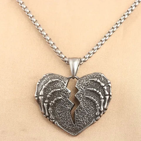 Collana Con Ciondolo Cuore Spezzato in Acciaio Inossidabile Gothic Punk Con Mani Di Scheletro Gioielli Vintage Per Uomo Donna
