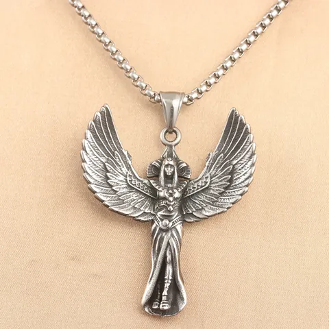 Retro Edelstahl Altägyptische Göttin Isis Engelsflügel Anhänger Halskette Für Herren Vintage Punk Gothic Schmuck Geschenk