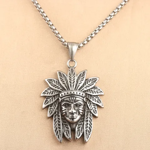 Retro Stainless Steel Indian Chief Head Pendant Necklace For Men Punk Hip Hop Ethnic Style Jewelry With Box Chain