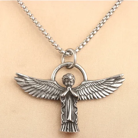 Punk Vintage Stainless Steel Angel Wings Praying Boy Pendant Necklace For Men Women Gothic Jewelry Accessories Gift