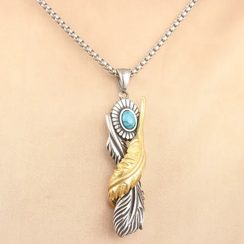 Vintage Punk Titanium Steel Feather Pendant Necklace Turquoise Inlay Two Tone Gold Silver Distressed Indian Style Jewelry